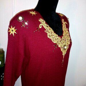 VTG sweater Red gold Embellished Ornate retro
